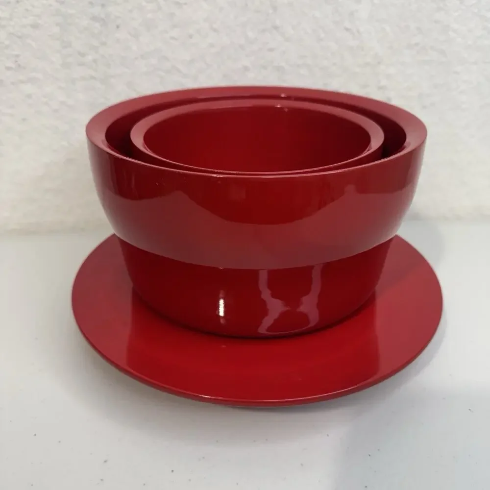 VTG Picnic Serving Set Glossy Cherry Red Nesting Bowls & Platter MCM Plasticware